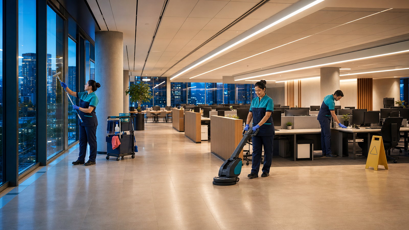 Professional MAMGOC commercial cleaning team working in a modern office